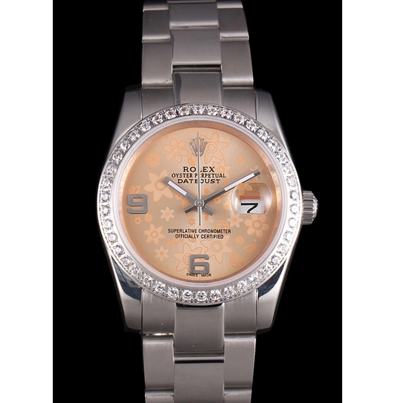 AAA Replica Watches Stainless Rolex Orange Diamond Dial Polished Flowers Plated Steel Datejust 0817